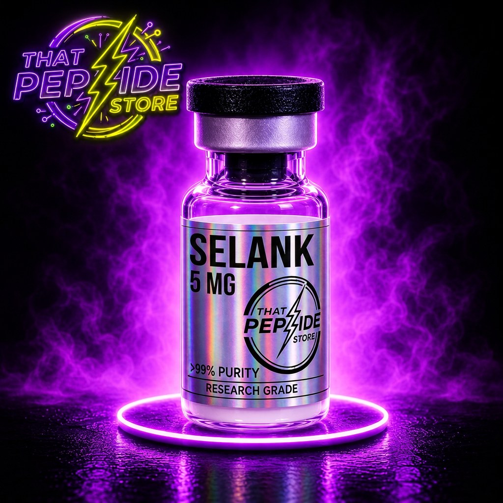 Selank 5mg research peptide vial — lyophilized powder, ≥99% HPLC purity, third-party COA available. For research use only.