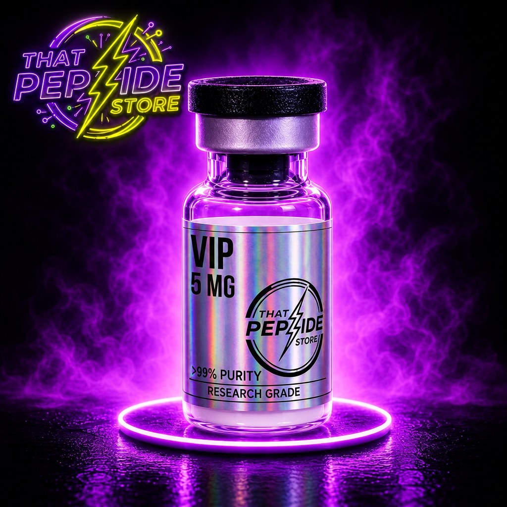VIP 5mg research peptide vial — lyophilized powder, ≥99% HPLC purity, third-party COA available. For research use only.