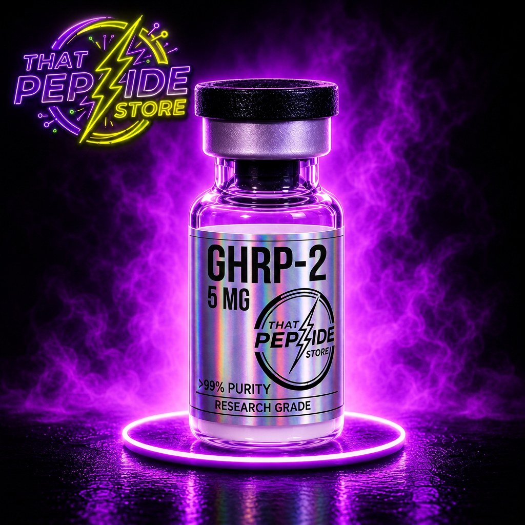 GHRP-2 5mg research peptide vial — lyophilized powder, ≥99% HPLC purity, third-party COA available. For research use only.
