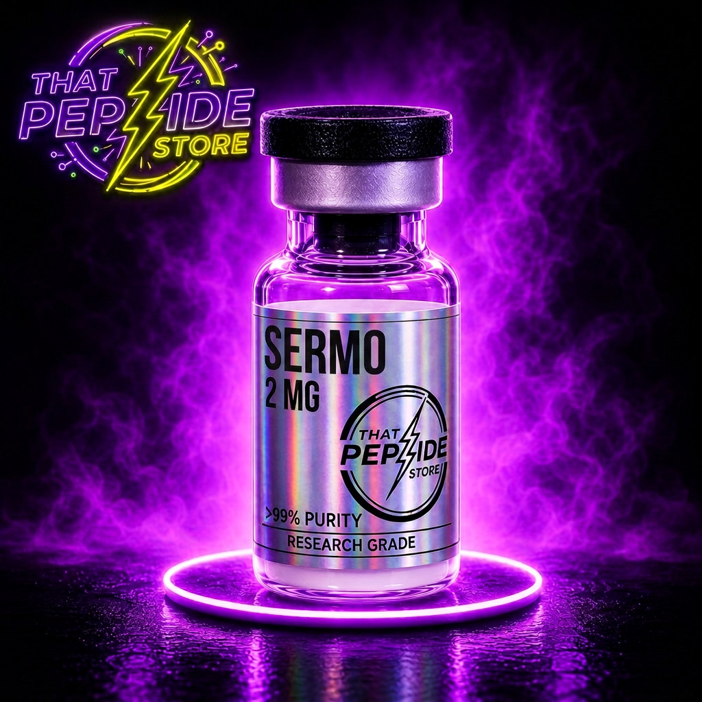 Sermorelin 2mg research peptide vial — lyophilized powder, ≥99% HPLC purity, third-party COA available. For research use only.