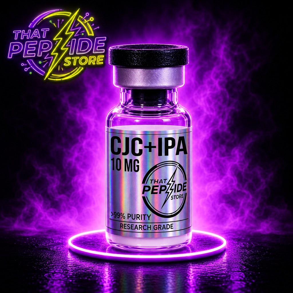 CJC+IPA 10mg research peptide vial — lyophilized powder, ≥99% HPLC purity, third-party COA available. For research use only.