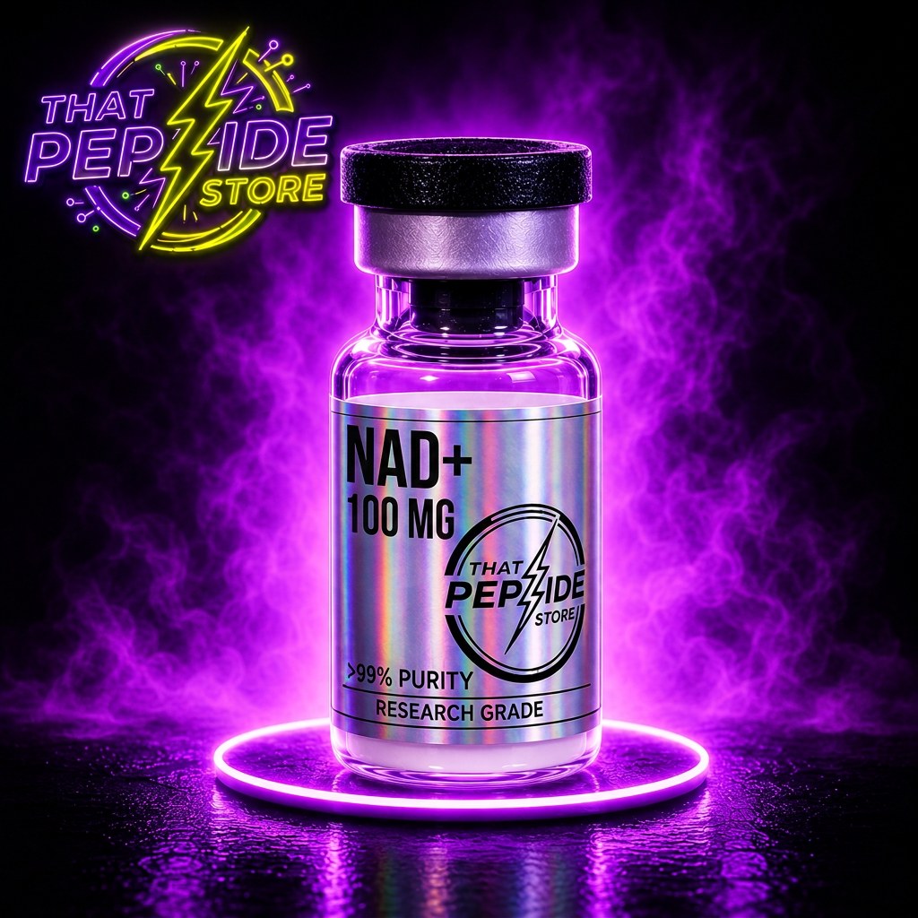 NAD+ 100mg research peptide vial — lyophilized powder, ≥99% HPLC purity, third-party COA available. For research use only.