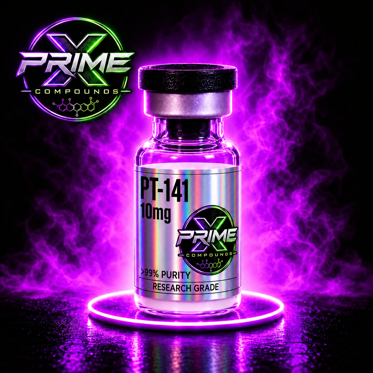 PT-141 10mg research peptide vial — lyophilized powder, ≥99% HPLC purity, third-party COA available. For research use only.