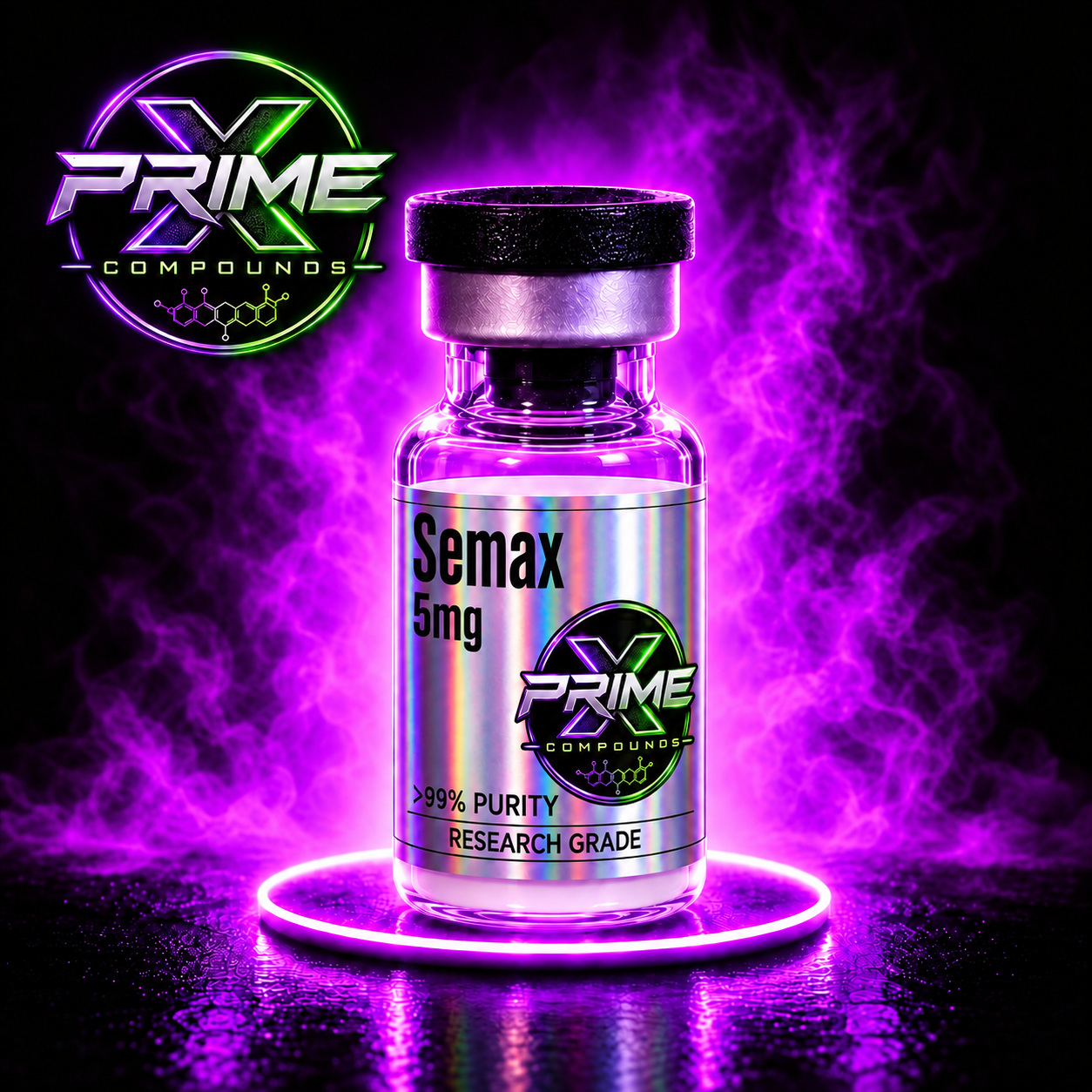 Semax 5mg research peptide vial — lyophilized powder, ≥99% HPLC purity, third-party COA available. For research use only.